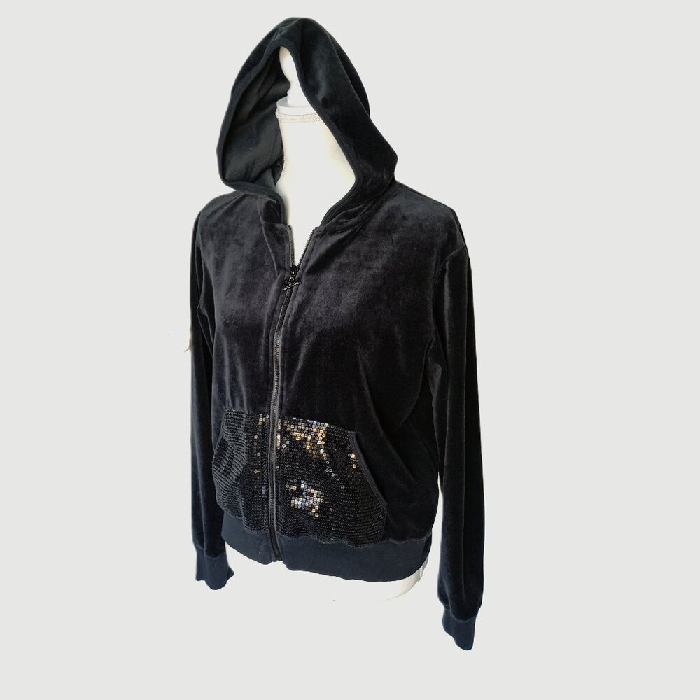 Y2K Vintage Black Velour Long Sleeve Hooded Full Zip Jacket Sequin Pockets EUC